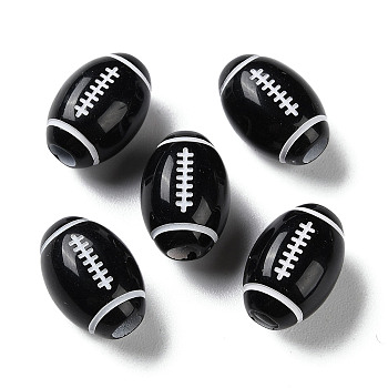 Spray Printed Opaque Acrylic European Beads, Large Hole Beads, Rugby, Black, 15.5x11mm, Hole: 4mm, about 500pcs/500g