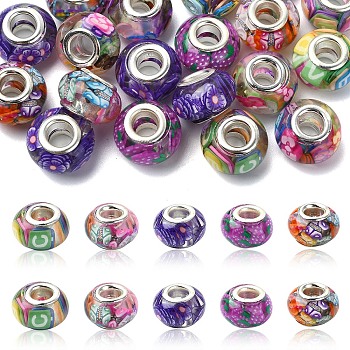 20Pcs 5 Colors Transparent Resin European Rondelle Beads, Large Hole Beads, with Polymer Clay and Platinum Tone Alloy Double Cores, Mixed Color, 14x8.5mm, Hole: 5mm, 4pcs/color