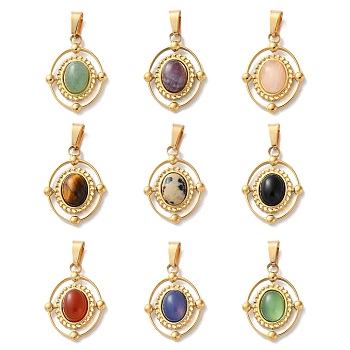 Natural Mixed Stone Pendants, 304 Stainless Steel Oval Charms, Ion Plating(IP), Golden, Mixed Dyed and Undyed, 21x16.5x5~5.5mm, Hole: 5.5x3mm
