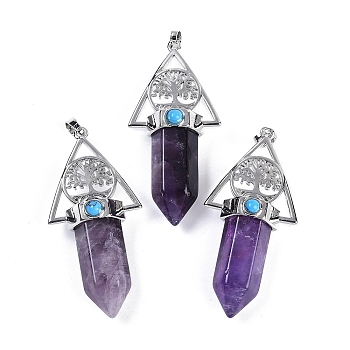 Natural Amethyst Faceted Pointed Bullet Big Pendants, Rack Plating Brass Tree of Life Triangle Charms, Platinum, Lead Free & Cadmium Free, 56~57x26.5~27x16.5~17mm, Hole: 6x4mm