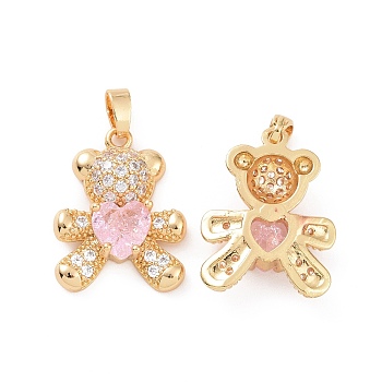 Real 18K Gold Plated Brass Micro Pave Clear Cubic Zirconia Pendants, Bear Charms, Pink, 21x16x5mm, Hole: 4.5x2.5mm