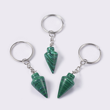 Synthetic Malachite Keychain, with Iron Key Rings, Platinum, 78mm, Pendant: 32x14mm