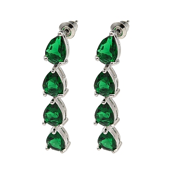 Rack Plating Platinum Tone Brass Glass Studs Earrings for Women, Teardrop, Green, 41x7mm