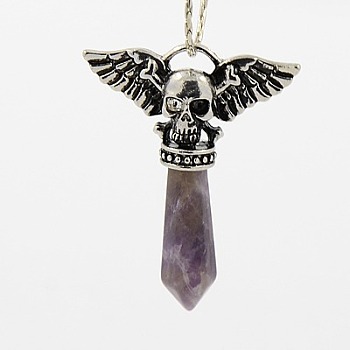 Natural Amethyst Pendants, with Alloy Pendant Settings, Faceted, Bullet with Skull, Antique Silver Metal Color, Mauve, 47x38x9.5mm, Hole: 3x7mm