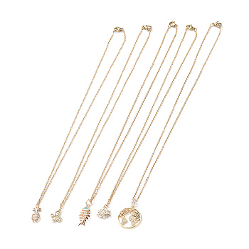 Pendant Necklaces, with 304 Stainless Steel Cable Chains & Lobster Clasps, Brass Cubic Zirconia Charms and Box, Flat Round/Lotus/Butterfly/Pineapple/Fishbone, Golden, 17.71 inch(45cm), 1.5mm