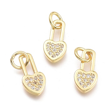 Brass Micro Pave Cubic Zirconia Pendants, with Jump Ring, Heart Lock, Clear, Real 18K Gold Plated, 12.8x6.5x1.7mm, Ring: 5x0.7mm, Hole: 3.3mm