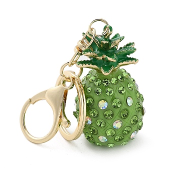 Pineapple Plastic with Rhinestone Pendant Keychain, with Alloy Findings, Light Gold, Dark Sea Green, 11.3cm