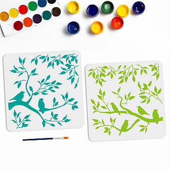US 1 Set PET Hollow Out Drawing Painting Stencils, with 1Pc Art Paint Brushes, for DIY Scrapbook, Photo Album, Branch Pattern, Stencils: 300x300mm, 2pcs/set, Brushes: 169x5mm, 1pc