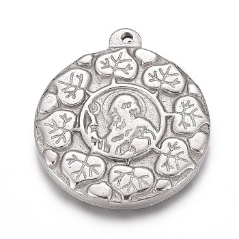 304 Stainless Steel Pendants,  Flat Round with Leaf & Saint Benedict Medal, Stainless Steel Color, 29x25x3mm, Hole: 1mm