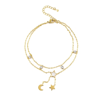 Ion Plating(IP) 304 Stainless Steel Chains Anklet, Cubic Zirconia & Synthetic Shell Charms Anklet, Golden, Star, 8-1/4 inch(21cm).