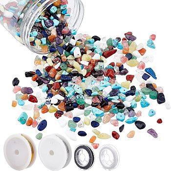 NBEADS DIY Stretch Bracelets and Wire Wrapped Pendants Making Kits, Including Gemstone Chip Beads, Aluminum Wire, Elastic Beading Thread, 3~8x4~8mm, Hole: 1mm, 15materials, 15g/material, 225g