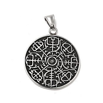 304 Stainless Steel Manual Polishing Pendants, Flat Round with Vegvisir Charms, Antique Silver, 43x37x2.5mm, Hole: 4x8mm