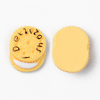 Resin Cabochons, Opaque, Imitation Food, Cookie, with Words I Delicious, Champagne Yellow, 26x21.5x7.5mm