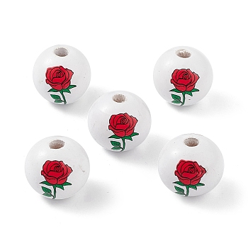 Printed Natural Wood European Beads, Large Hole Bead, Round with Flower Pattern, Red, 19mm, Hole: 4mm