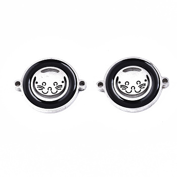 304 Stainless Steel Enamel Links Connectors, Laser Cut, Flat Round with Cat, Black, Stainless Steel Color, 14.5x18.5x2mm, Hole: 1.2mm