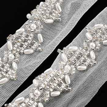 Polyester Flower Lace Trims, with ABS Imitation Pearl Beads and Glass, Floral White, 1 inch(26mm)