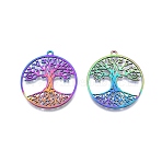 Ion Plating(IP) 201 Stainless Steel Pendant, Hollow Charms, Flat Round with Tree of Life, Rainbow Color, 38x35x1.5mm, Hole: 2mm(X-STAS-B027-13MC)