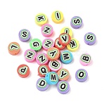 Printed Handmade Polymer Clay Beads, Flat Round with Letter, Mixed Color, 9~10x4.5~5mm, Hole: 1.6mm(CLAY-I016-07)
