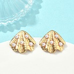304 Stainless Steel Dangle Earrings, with ABS Plastic Imitation Pearl, Ion Plating(IP), Shell Shape, Real 18K Gold Plated, 18.5x20.5mm(EJEW-D353-01G)