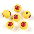 Printed Wood European Beads, Large Hole Beads, Round, Yellow, 16~16.5x14.5~15mm, Hole: 4mm(WOOD-L020-D01)