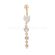 Real 18K Gold Plated Piercing Jewelry Brass Cubic Zirconia Heart Navel Ring Navel Ring Belly Rings, with 304 Stainless Steel Bar, 7~8x52mm, Bar Length: 3/8"(10mm), Bar: 14 Gauge(1.6mm)(AJEW-EE0001-06)