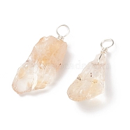 Rough Raw Natural Citrine Pendants, with Silver Tone Copper Wire Wrapped, Nuggets Charm, 18~33x7~20x5~9mm, Hole: 3.5~4mm(PALLOY-JF01785-03)