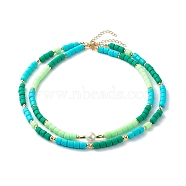 Polymer Clay Beaded Necklaces, with Pearl Beads and Brass Spacer Beads, Pale Green, 19.09 inch(485mm), 16.93 inch(430mm, 2pcs/set(NJEW-JN03583)