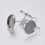 304 Stainless Steel Stud Earring Settings, with Loop, Flat Round, Stainless Steel Color, 19x14mm, Hole: 3.5mm, Pin: 0.7mm, Tray: 12mm(STAS-F139-053P-12mm)