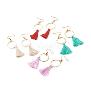 Ring with Cotton Tassel Dangle Earring, Brass Drop Earrings for Women, Mixed Color, 75mm, Pin: 0.6mm(EJEW-JE04837)