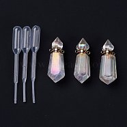 Angel Aura Quartz, Faceted Natural Quartz Crystal Pendants, Openable Perfume Bottle, with Golden Tone Brass Findings and Plastic Dropper, AB Color Plated, 40mm, Hole: 1.6mm, Capacity: 5ml(0.17fl. oz)(G-A184-01)