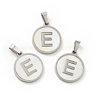 304 Stainless Steel with White Shell Pendants, Stainless Steel Color, Flat Round with Letter Charm, Letter.E, 18x16x1.5mm, Hole: 3x6mm(STAS-G268-01E-P)