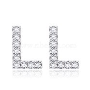 Brass Cubic Zirconia Stud Earrings, with Ear Nuts, Alphabet, Letter L, Clear, Platinum, 12x8.5x2.5mm, Pin: 0.7mm(EJEW-BB35118-L)