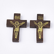 Printed Wooden Pendants, Crucifix Cross, For Easter, Dyed, Coconut Brown, 32.5~33.5x21~22x4.5mm, Hole: 2mm(X-WOOD-S050-35A-03)
