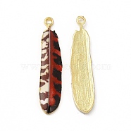 Rack Plating Alloy Pendants, Printed, Lead Free & Cadmium Free & Nickel Free, Feather Charm, Light Gold, Brown, 36.5x8x1.5mm, Hole: 1.8mm(FIND-H043-02LG-10)