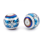 Electroplate Glass Beads, Round with Flower Pattern, Blue Plated, 10x9.5~10mm, Hole: 1.2mm, 200pcs/bag(EGLA-T009-10D)