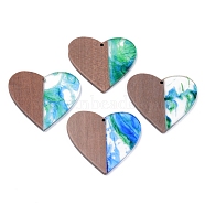 Resin & Walnut Wood Pendants, Two Tone, Heart, Green, 46x48x2~3mm, Hole: 2mm(RESI-R428-05)