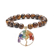 Natural Tiger Eye Stretch Bracelet, Yoga Chakra Mixed Gemstone Chips Tree of Life Charms Bracelet for Women, Inner Diameter: 2 inch(5.2cm)(BJEW-JB08748-03)