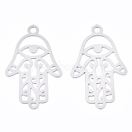 201 Stainless Steel Filigree Pendants, Etched Metal Embellishments, Hamsa Hand/Hand of Fatima/Hand of Miriam with Eye, Stainless Steel Color, 30.5x19x0.3mm, Hole: 2mm(STAS-S118-010P)