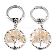 Natural Citrine Flat Round with Tree of Life Pendant Keychain, with Iron Key Rings and Brass Finding, 6.5cm(KEYC-E023-03V)