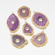 Natural Agate Pendant, Dyed, with Golden Tone Brass Findings, Orchid, 35~65x30~45x5~6mm, Hole: 3mm(G-Q494-77F)