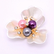 ABS Imitation Pearl Cabochons Accessories, with Imitation Shell ABS Petaline, with Crystal Glass Rhinestone and Light Gold Alloy Finding, for Jewelry Making, Flower, Colorful, 36x38x13.5mm(FIND-TAC0001-15B)
