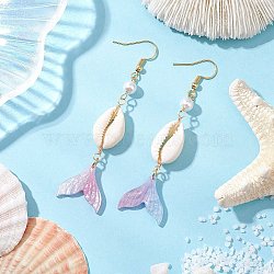 Shell Pearl Dangle Earrings, with Cellulose Acetate(Resin) Pendants and Brass Earring Hook, Shell Shape with Fishtail, Golden, 80x19mm(EJEW-TA00626)