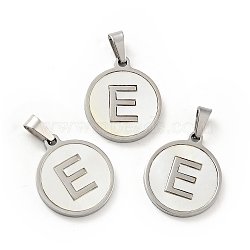 304 Stainless Steel with White Shell Pendants, Stainless Steel Color, Flat Round with Letter Charm, Letter.E, 18x16x1.5mm, Hole: 3x6mm(STAS-G268-01E-P)