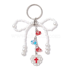 Glass Seed Bead Keychain, with Iron Split Key Ring and Alloy Enamel Pendants, White, 10.2cm(KEYC-MZ00001-01)