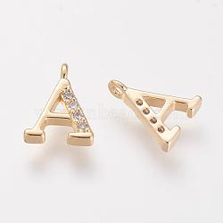 Brass Cubic Zirconia Charms, Nickel Free, Real 18K Gold Plated, Letter.A, 11x6~9x2mm, Hole: 1mm(KK-T015-01A)