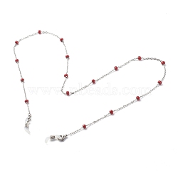 304 Stainless Steel Cable Chain Necklaces, with Enamel Beads, EyeGlass Chains, Stainless Steel Color, Indian Red, 27.95 inch(71cm)(AJEW-EH00377-05)
