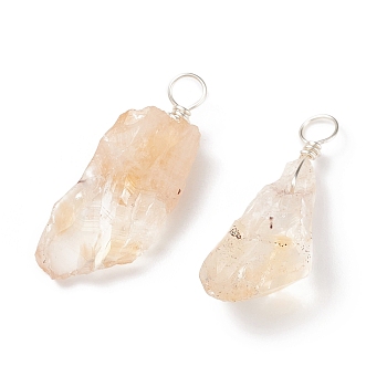 Rough Raw Natural Citrine Pendants, with Silver Tone Copper Wire Wrapped, Nuggets Charm, 18~33x7~20x5~9mm, Hole: 3.5~4mm