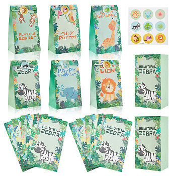 6 Style Animal Theme Paper Bags, with Stickers, Rectangle, Animal Pattern, Finished Product: 12x8x22cm