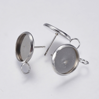 304 Stainless Steel Stud Earring Settings, with Loop, Flat Round, Stainless Steel Color, 19x14mm, Hole: 3.5mm, Pin: 0.7mm, Tray: 12mm
