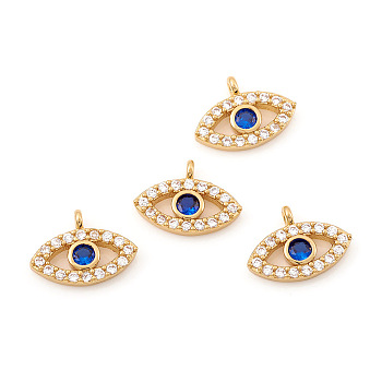Brass Micro Pave Cubic Zirconia Charms, Evil Eye, Blue & Clear, Real 18K Gold Plated, 8.5x11.5x2mm, Hole: 1mm